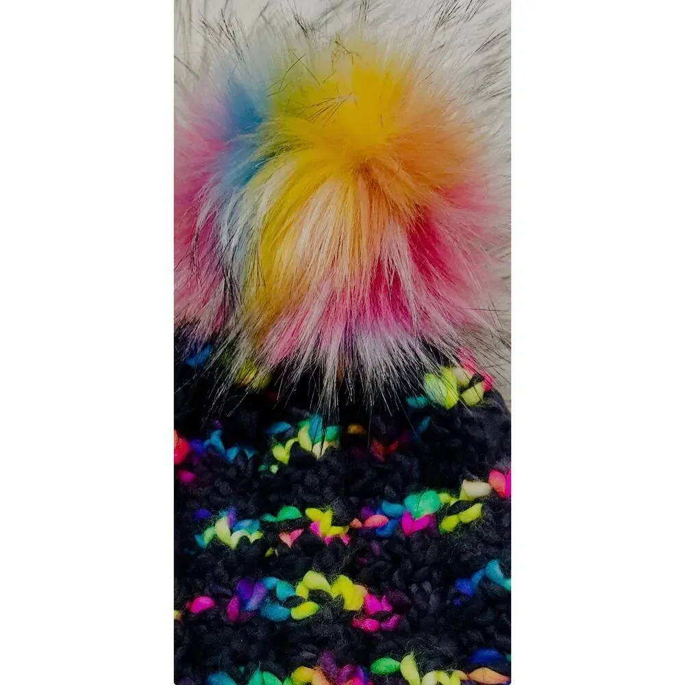 Hand Knit Merino Wool Beanie: Twist Knit Hat with Faux Fur Pom